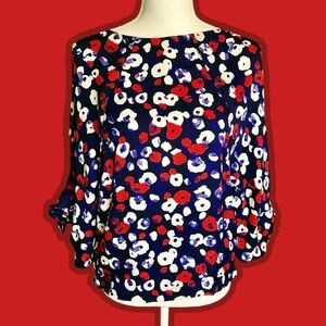 NWOT Derek Lam Red, White & Blue Floral Damask Batwing Tie Sleeve Top Size 6